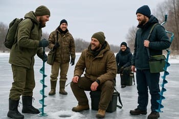 Небольшая группа зимних рыболовов идёт по льду с санями