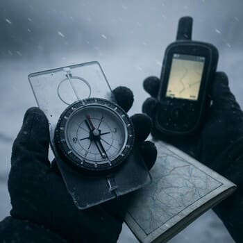 Компас и фонарь в руке рыболова на фоне снежной дымки