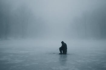 Туманный зимний водоём с редкими рыбаками на льду